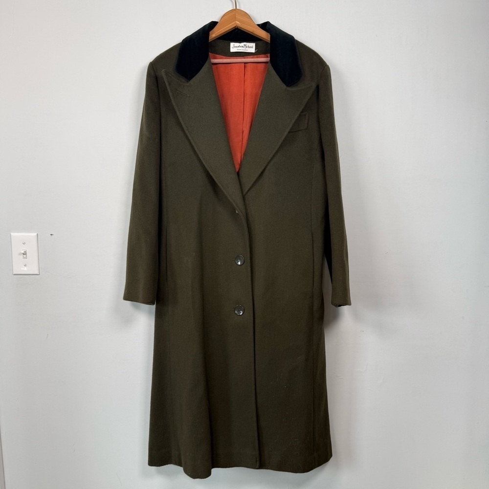 Vintage Jonathan Michael Olive Wool Trench Coat, Black Velvet Collar